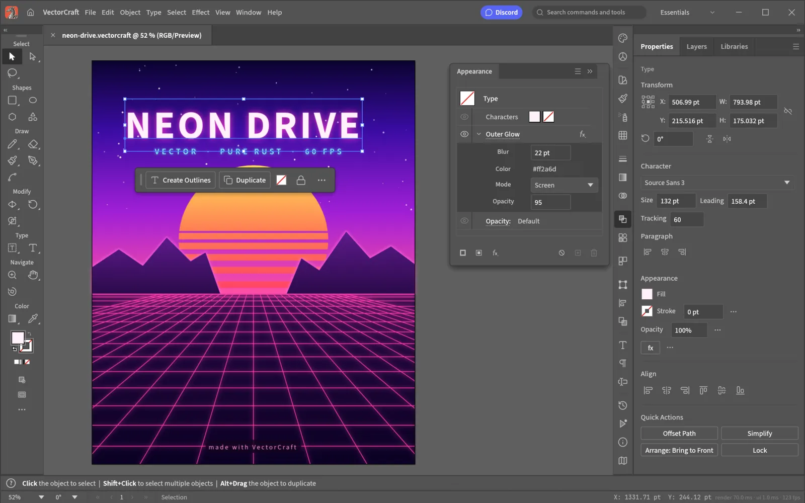 VectorCraft editing the Neon Drive synthwave poster: the title is selected, the Appearance panel shows its live Outer Glow and the Properties panel shows its character settings
