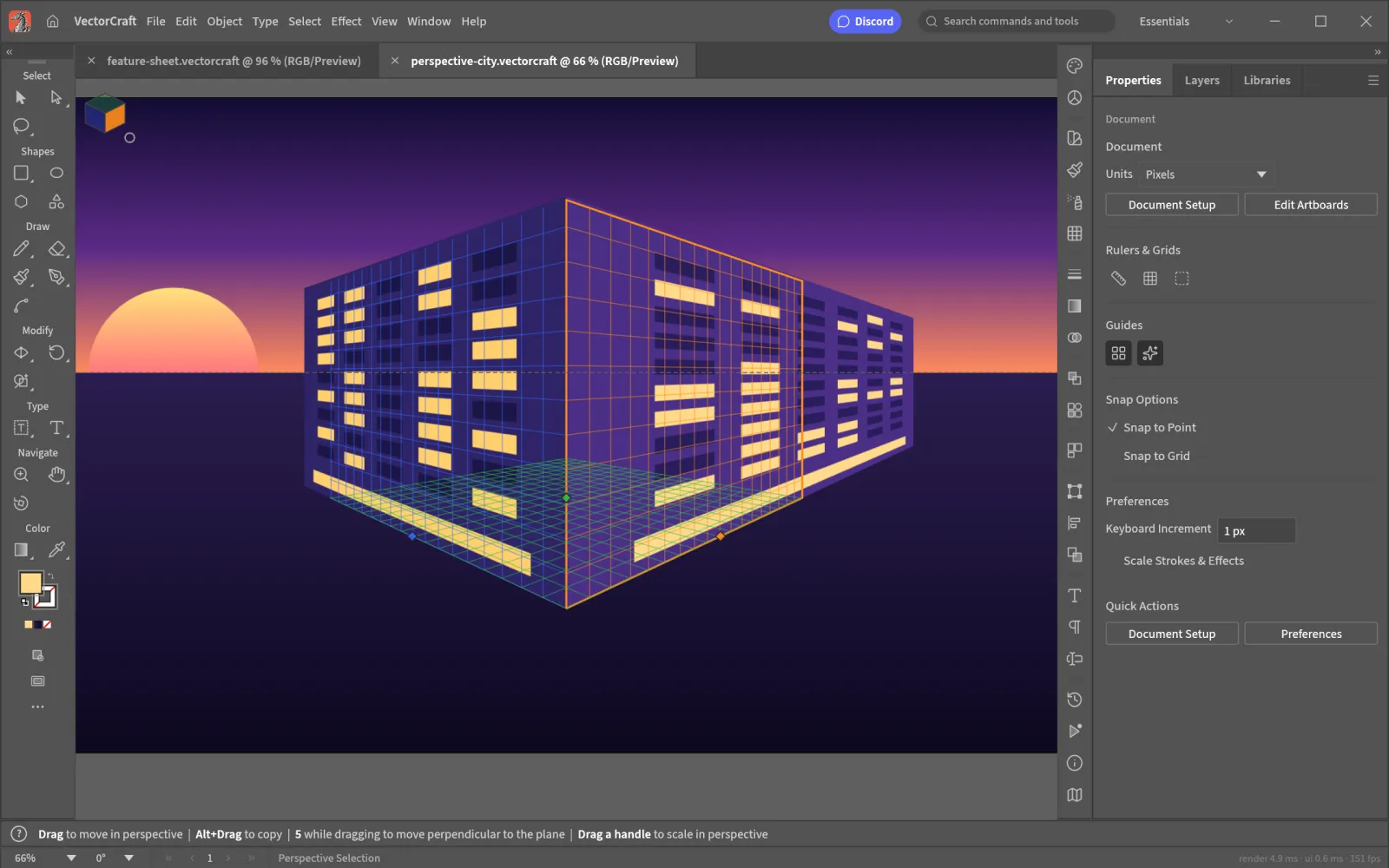 Two lit building facades drawn on the left and right planes of a two-point perspective grid in VectorCraft, with the Perspective Selection tool