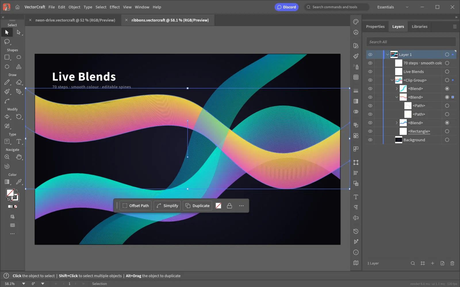 Three live blend ribbons clipped to the artboard in VectorCraft, one selected with its key paths showing, and the Layers panel listing the clip group and blends