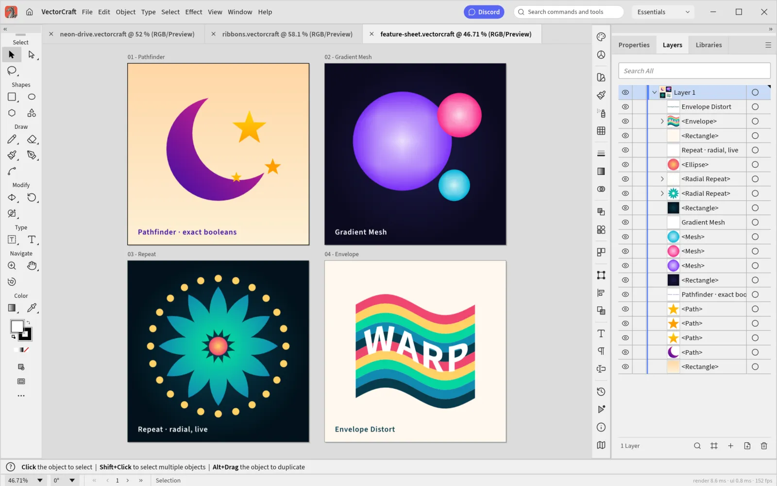 Four artboards in the VectorCraft light theme: Pathfinder, Gradient Mesh, radial Repeat and Envelope Distort