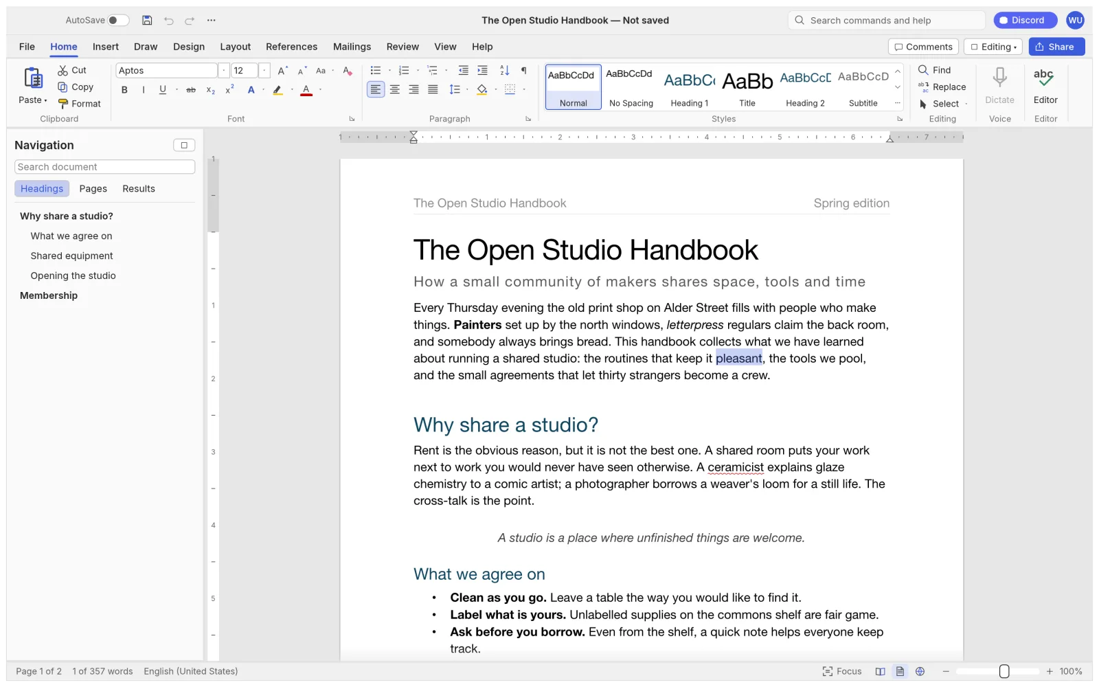 WordCraft editing The Open Studio Handbook on the Home tab: the Word-style ribbon with fonts, paragraph and the Styles gallery, a Navigation pane of headings and the page in print layout