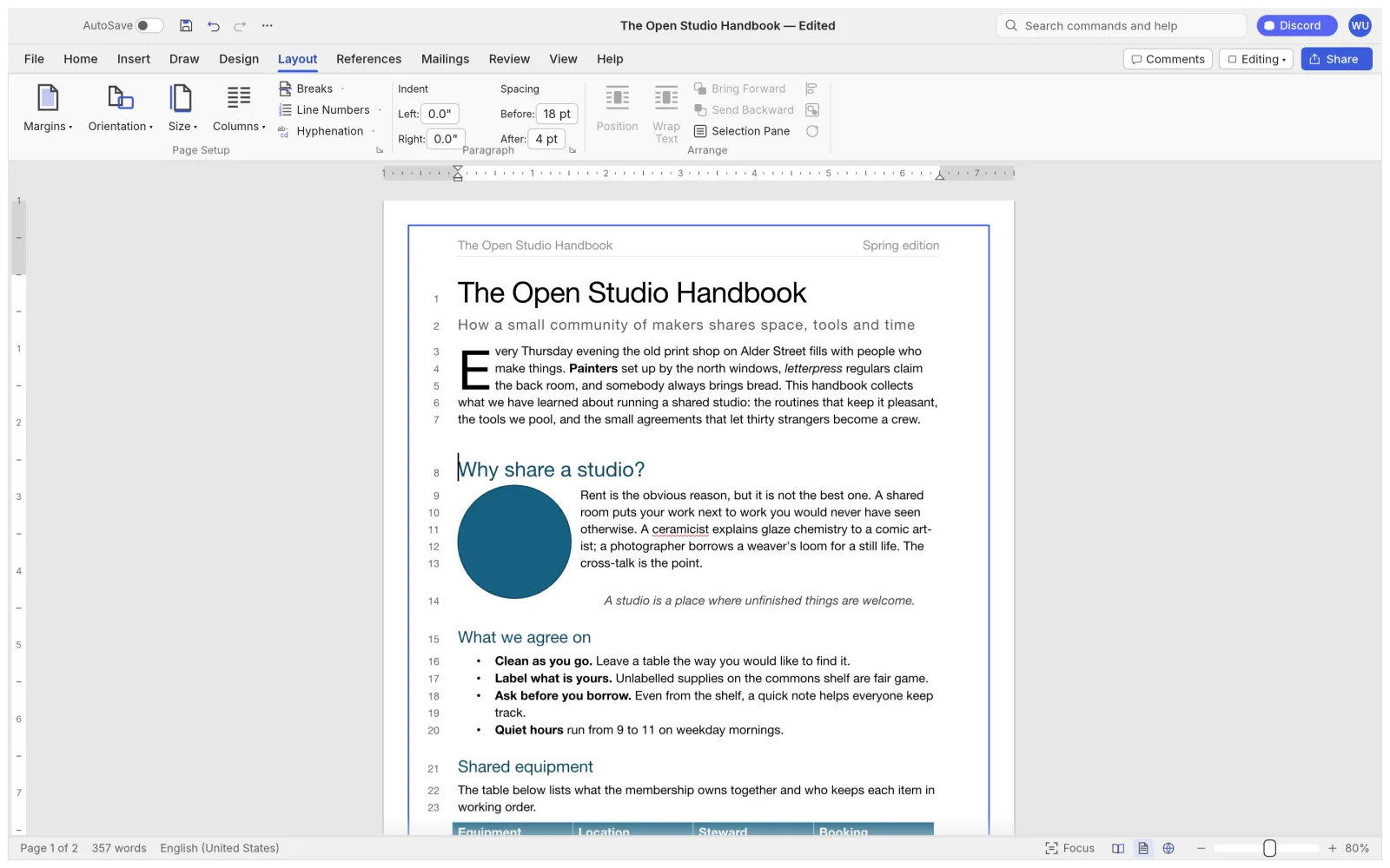 WordCraft Layout tab with line numbers in the margin, a drop cap, a page border and a circle shape with square text wrapping