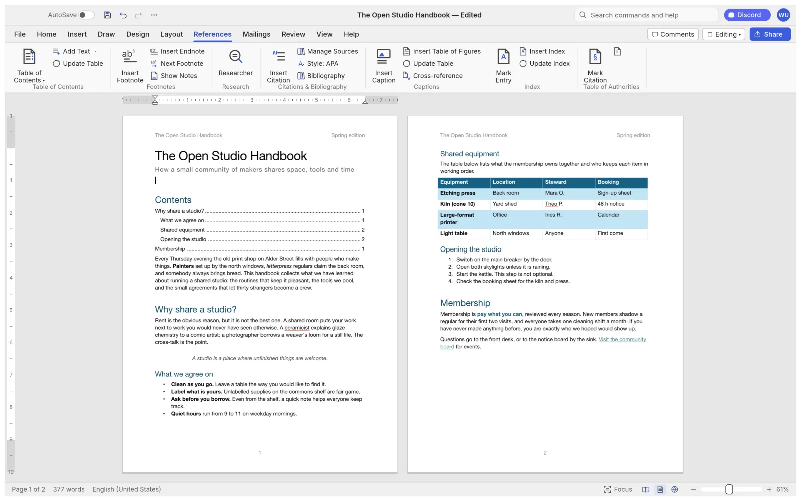 WordCraft References tab with a two-page spread: a table of contents on page one and a styled equipment table on page two