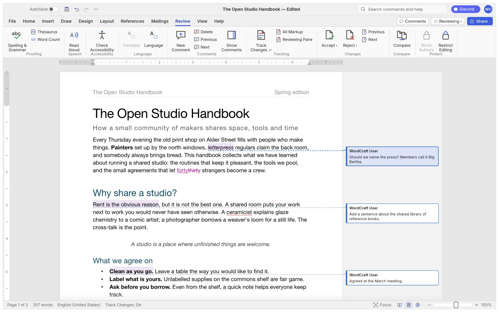 WordCraft Review tab with tracked insertions and deletions in the handbook and three comment balloons in the margin